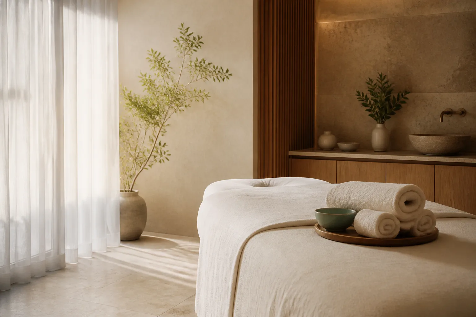 Sala de spa luminosa con camilla y toallas preparadas